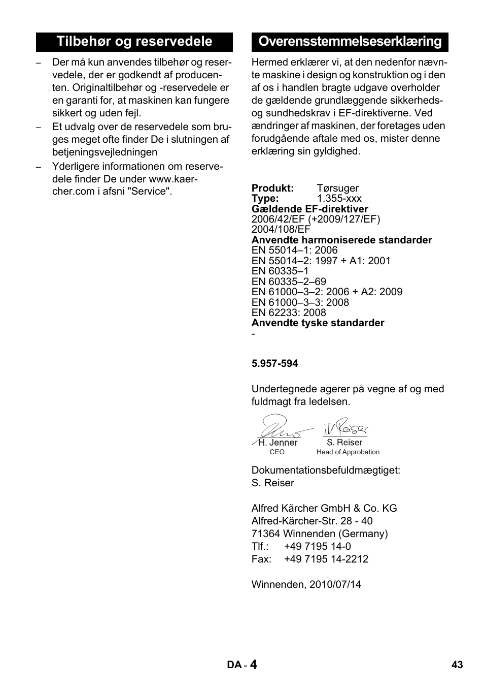 Tilbehør og reservedele overensstemmelseserklæring | Karcher T 15-1 + ESB 28 Professional User Manual | Page 43 / 152