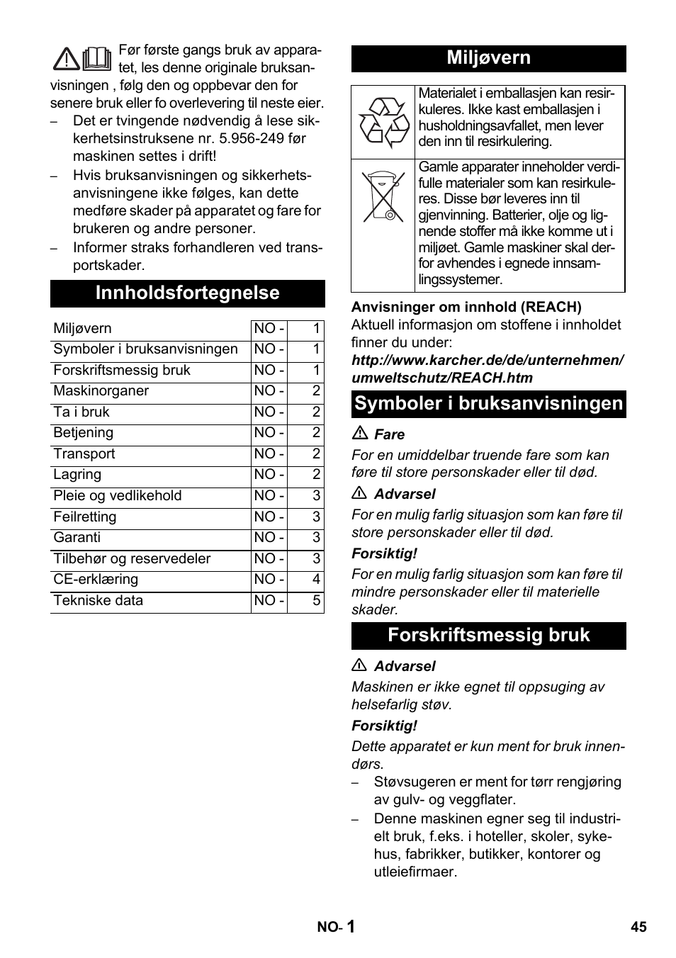 Innholdsfortegnelse, Miljøvern, Symboler i bruksanvisningen forskriftsmessig bruk | Karcher T 15-1 + ESB 28 Professional User Manual | Page 45 / 152