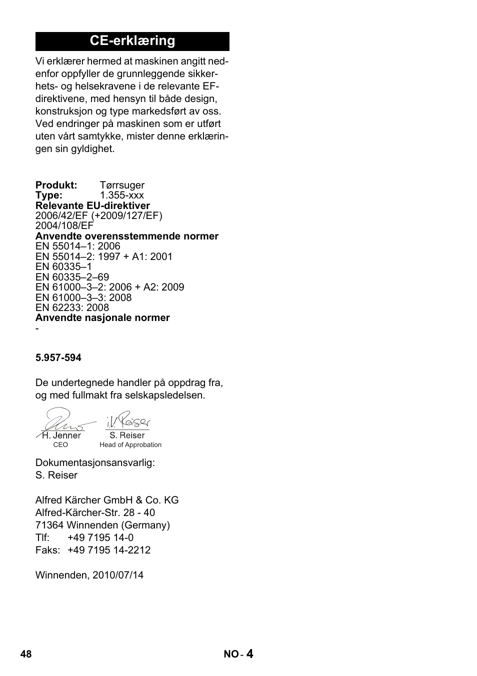 Ce-erklæring | Karcher T 15-1 + ESB 28 Professional User Manual | Page 48 / 152