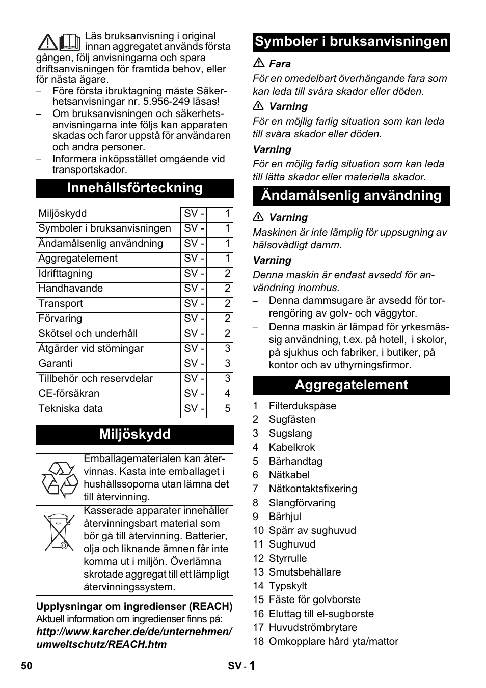 Innehållsförteckning, Miljöskydd | Karcher T 15-1 + ESB 28 Professional User Manual | Page 50 / 152