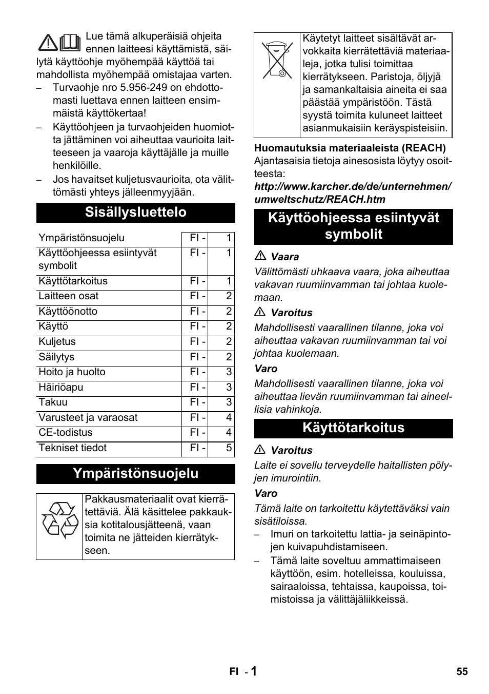 Sisällysluettelo, Ympäristönsuojelu, Käyttöohjeessa esiintyvät symbolit käyttötarkoitus | Karcher T 15-1 + ESB 28 Professional User Manual | Page 55 / 152