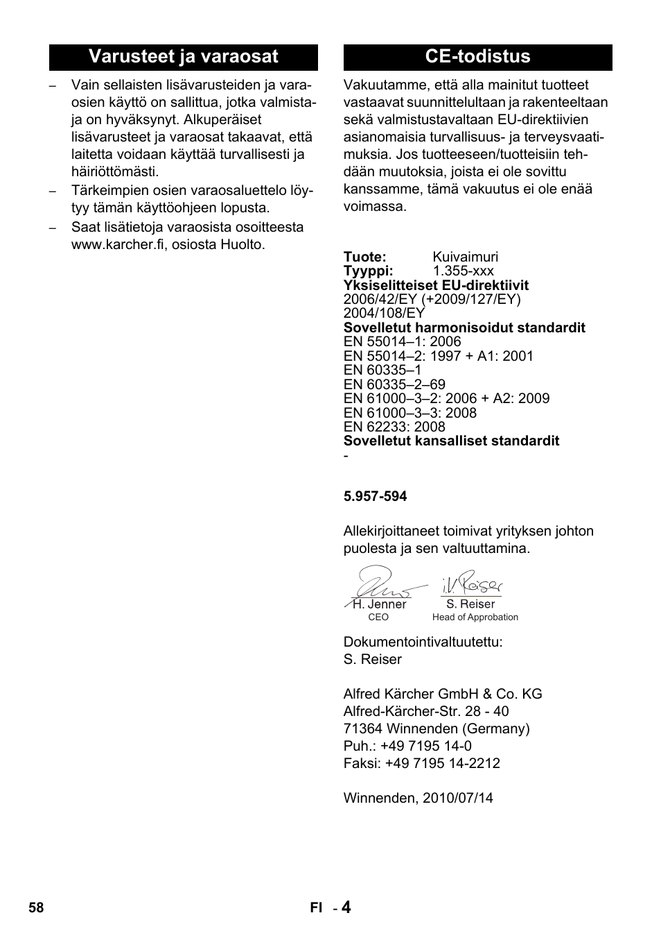 Varusteet ja varaosat ce-todistus | Karcher T 15-1 + ESB 28 Professional User Manual | Page 58 / 152
