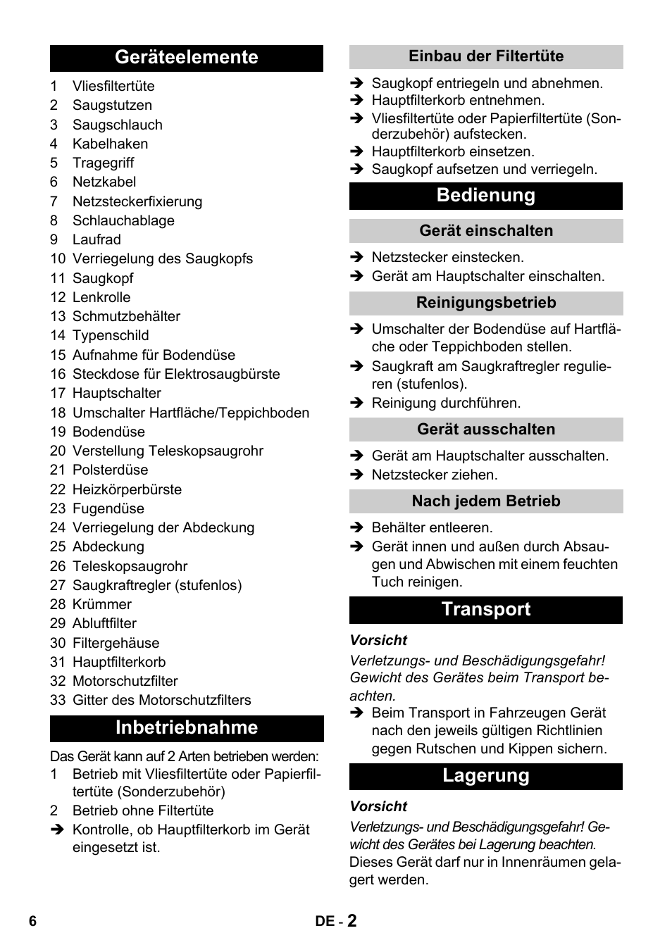 Geräteelemente inbetriebnahme, Bedienung, Transport lagerung | Karcher T 15-1 + ESB 28 Professional User Manual | Page 6 / 152