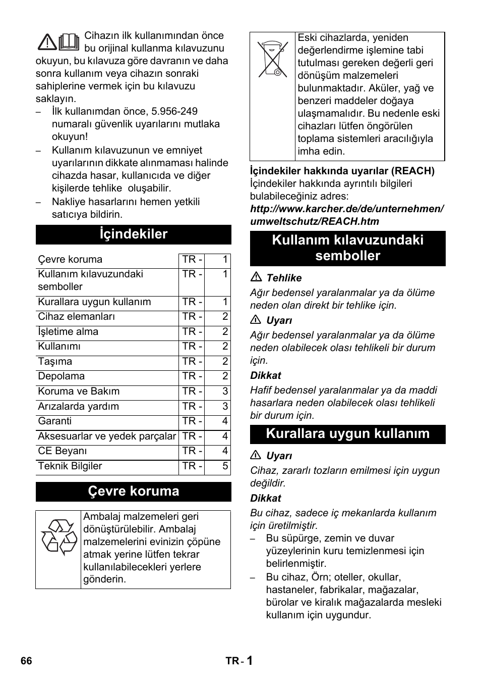 Içindekiler, Çevre koruma | Karcher T 15-1 + ESB 28 Professional User Manual | Page 66 / 152