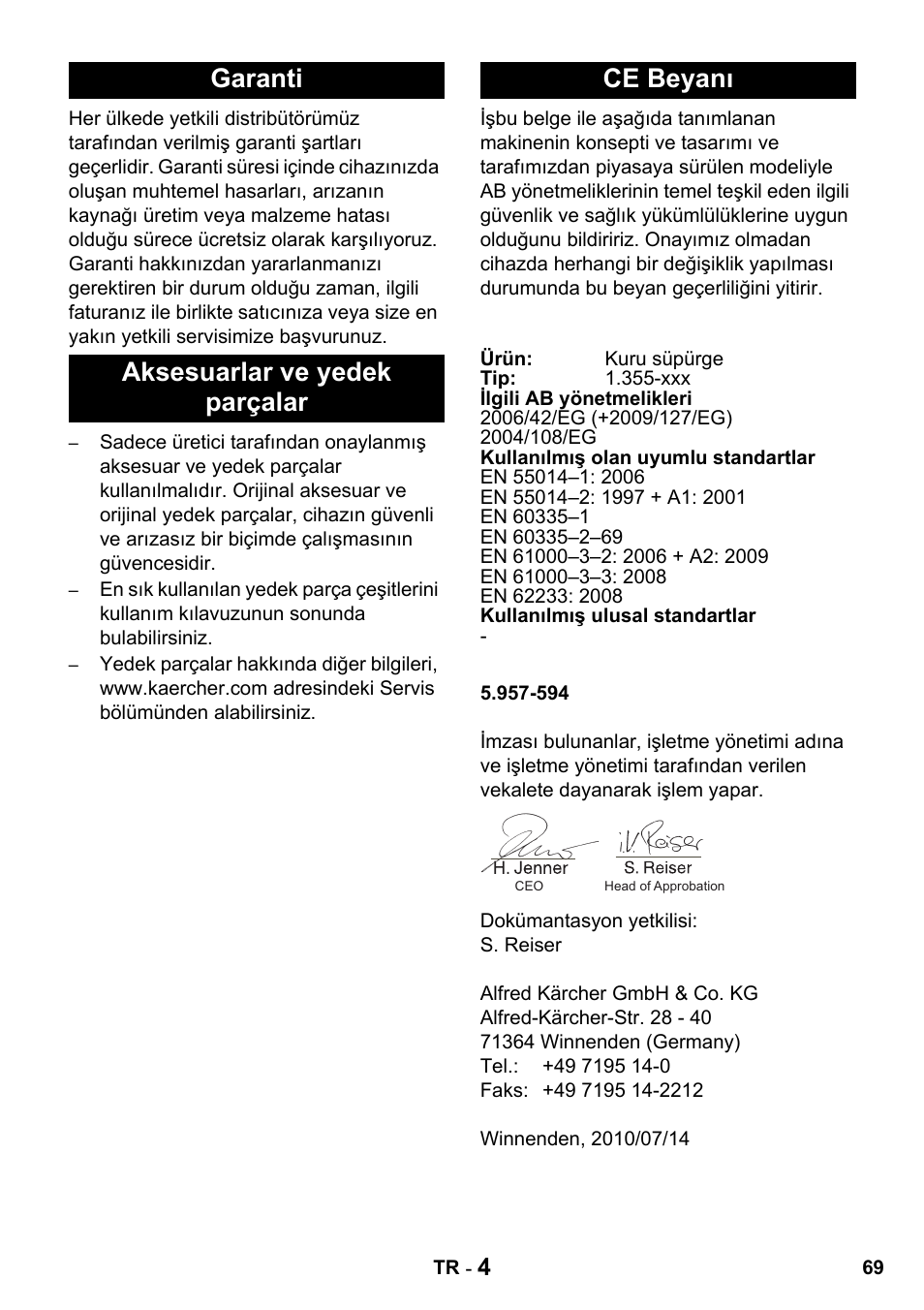 Garanti aksesuarlar ve yedek parçalar ce beyanı | Karcher T 15-1 + ESB 28 Professional User Manual | Page 69 / 152