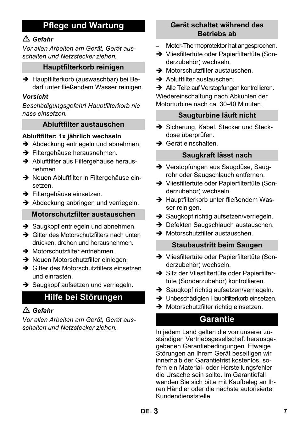 Pflege und wartung, Hilfe bei störungen, Garantie | Karcher T 15-1 + ESB 28 Professional User Manual | Page 7 / 152