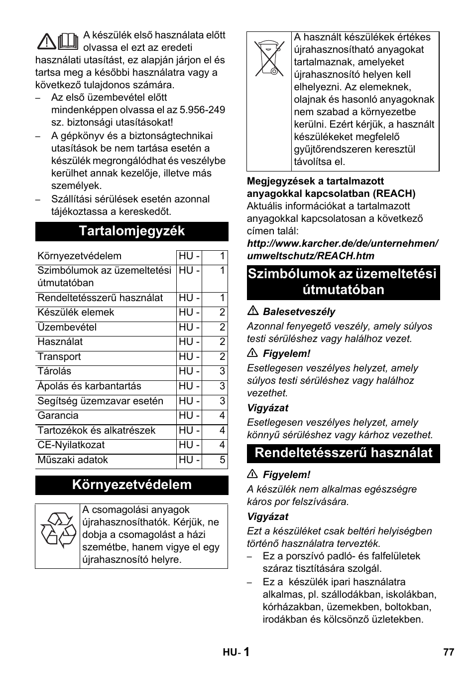 Tartalomjegyzék, Környezetvédelem | Karcher T 15-1 + ESB 28 Professional User Manual | Page 77 / 152