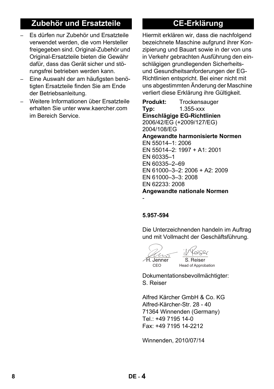 Zubehör und ersatzteile ce-erklärung | Karcher T 15-1 + ESB 28 Professional User Manual | Page 8 / 152