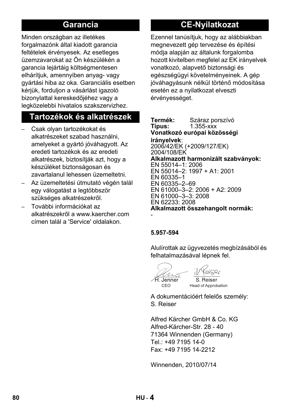 Garancia tartozékok és alkatrészek ce-nyilatkozat | Karcher T 15-1 + ESB 28 Professional User Manual | Page 80 / 152