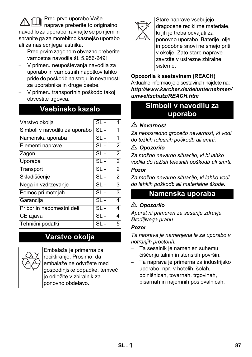 Vsebinsko kazalo, Varstvo okolja, Simboli v navodilu za uporabo namenska uporaba | Karcher T 15-1 + ESB 28 Professional User Manual | Page 87 / 152