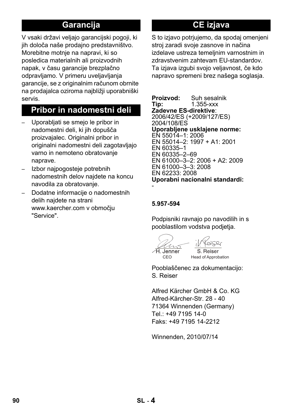 Garancija pribor in nadomestni deli ce izjava | Karcher T 15-1 + ESB 28 Professional User Manual | Page 90 / 152
