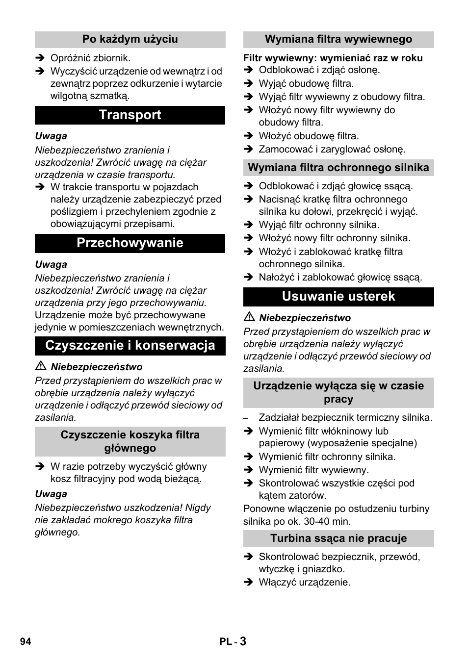 Transport przechowywanie czyszczenie i konserwacja, Usuwanie usterek | Karcher T 15-1 + ESB 28 Professional User Manual | Page 94 / 152