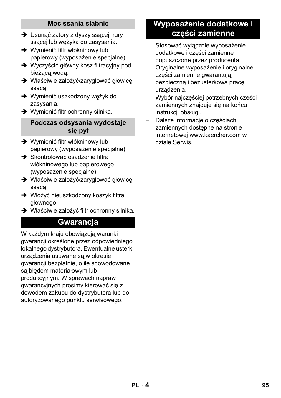 Gwarancja wyposażenie dodatkowe i części zamienne | Karcher T 15-1 + ESB 28 Professional User Manual | Page 95 / 152
