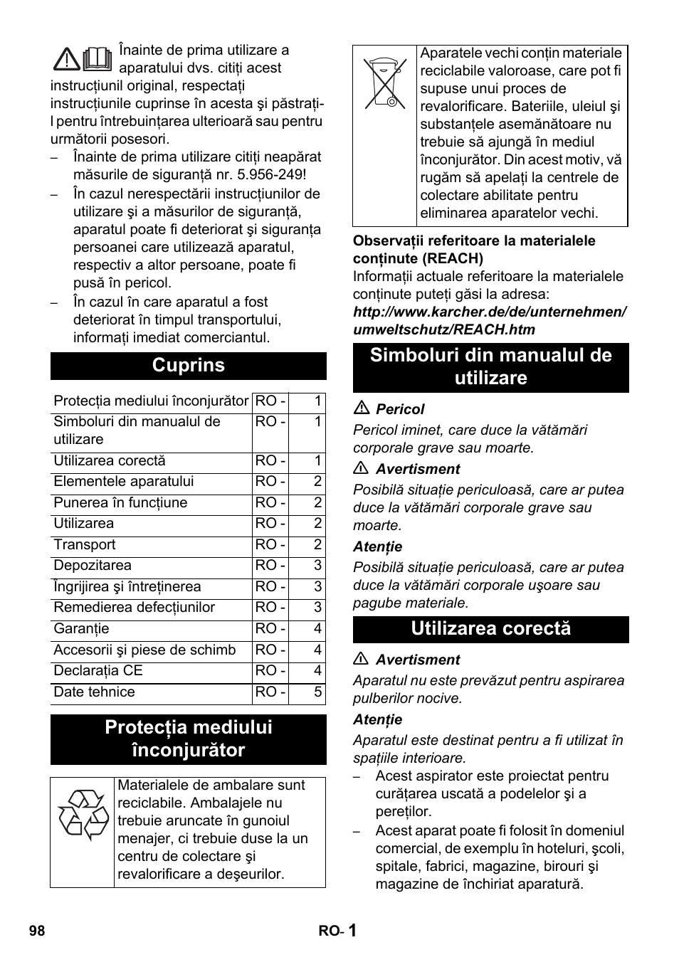 Cuprins, Protecţia mediului înconjurător | Karcher T 15-1 + ESB 28 Professional User Manual | Page 98 / 152