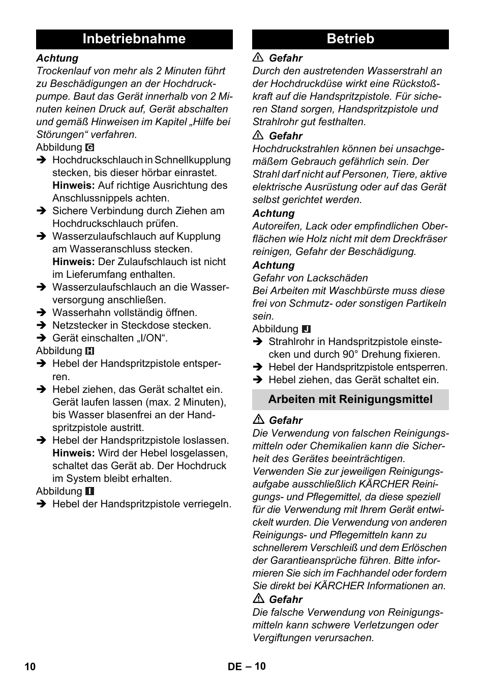 Inbetriebnahme, Betrieb, Arbeiten mit reinigungsmittel | Inbetriebnahme betrieb | Karcher K 4 Classic User Manual | Page 10 / 286