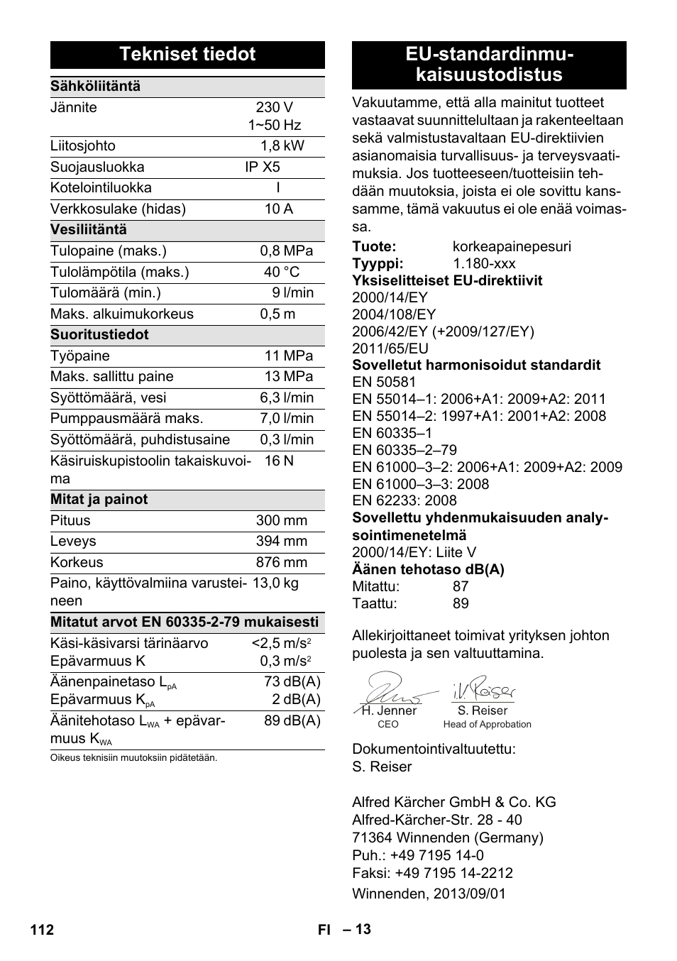 Tekniset tiedot, Eu-standardinmu- kaisuustodistus | Karcher K 4 Classic User Manual | Page 112 / 286