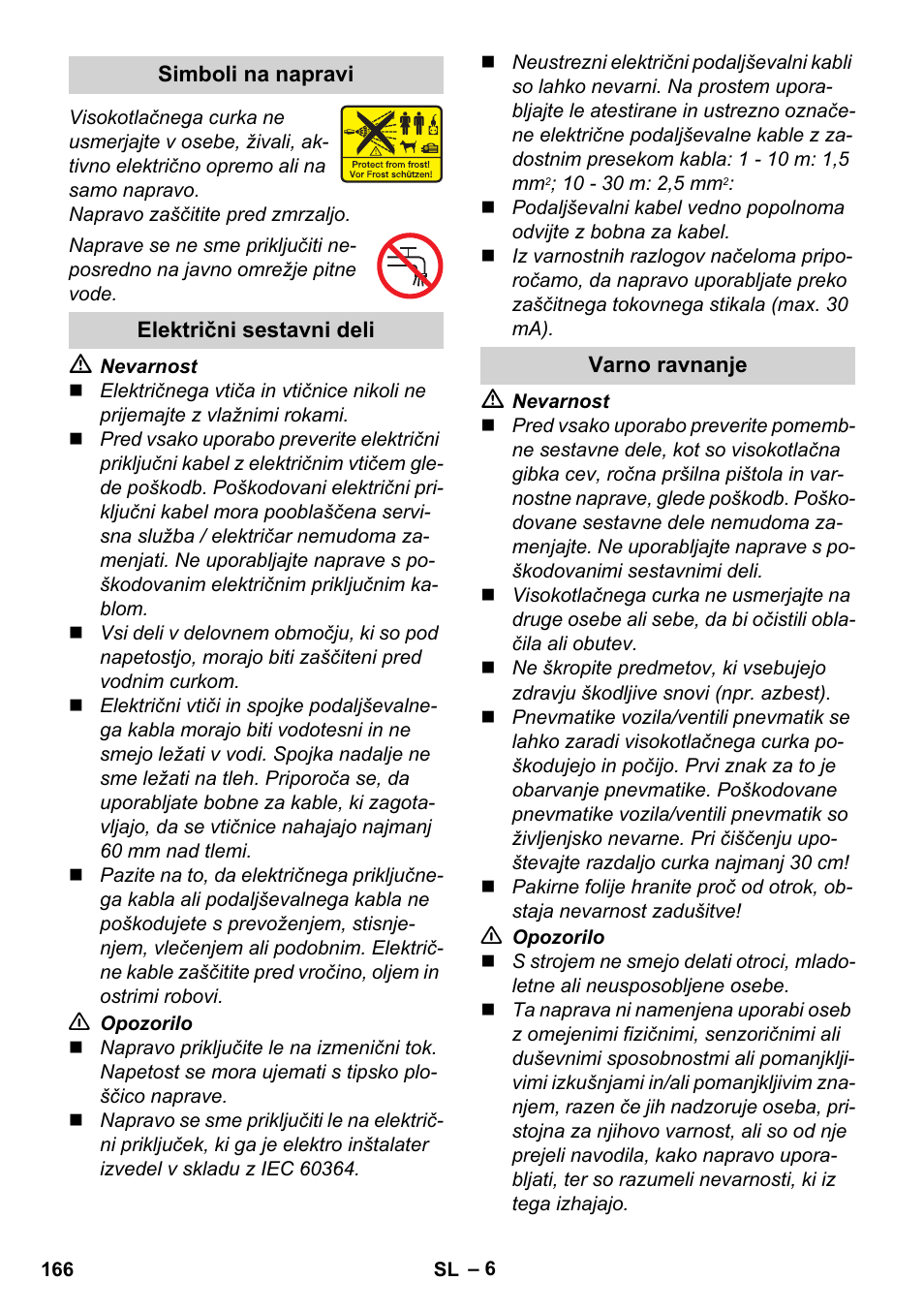 Simboli na napravi, Električni sestavni deli, Varno ravnanje | Karcher K 4 Classic User Manual | Page 166 / 286