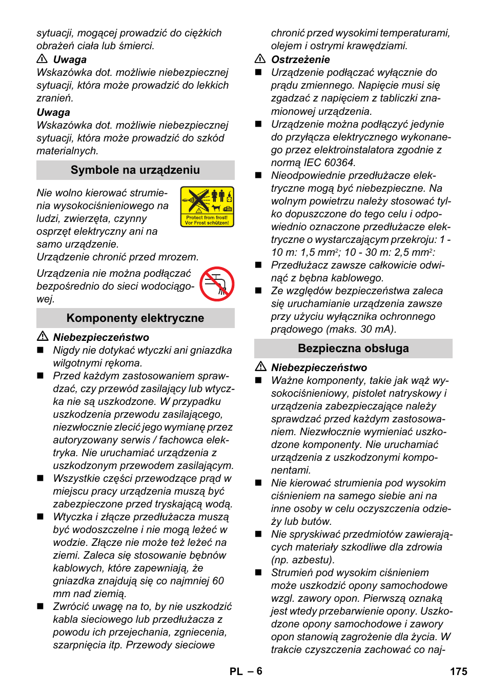 Symbole na urządzeniu, Komponenty elektryczne, Bezpieczna obsługa | Karcher K 4 Classic User Manual | Page 175 / 286