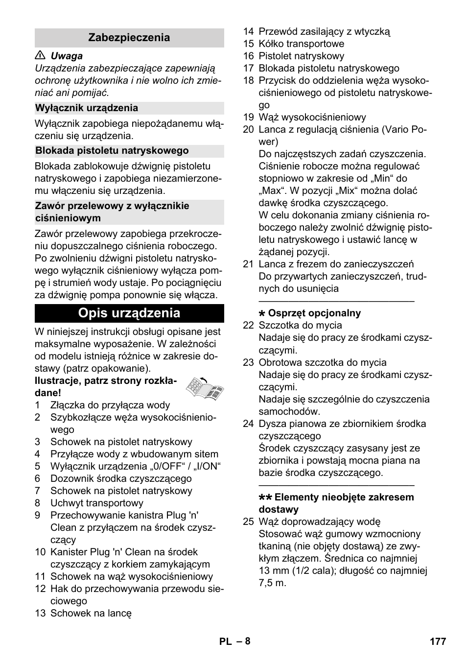 Zabezpieczenia, Wyłącznik urządzenia, Blokada pistoletu natryskowego | Zawór przelewowy z wyłącznikie ciśnieniowym, Opis urządzenia | Karcher K 4 Classic User Manual | Page 177 / 286