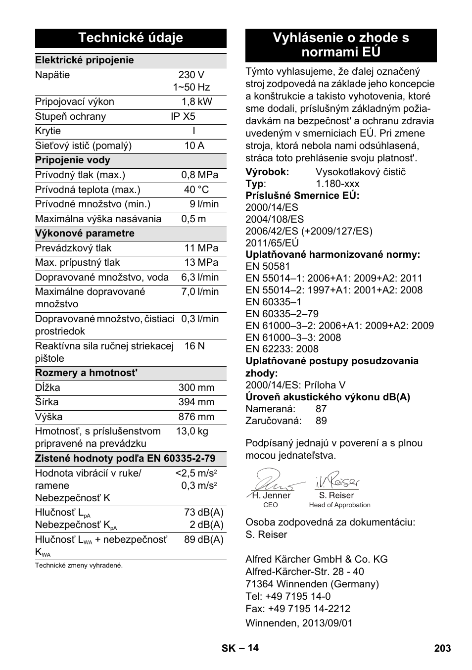 Technické údaje, Vyhlásenie o zhode s normami eú | Karcher K 4 Classic User Manual | Page 203 / 286