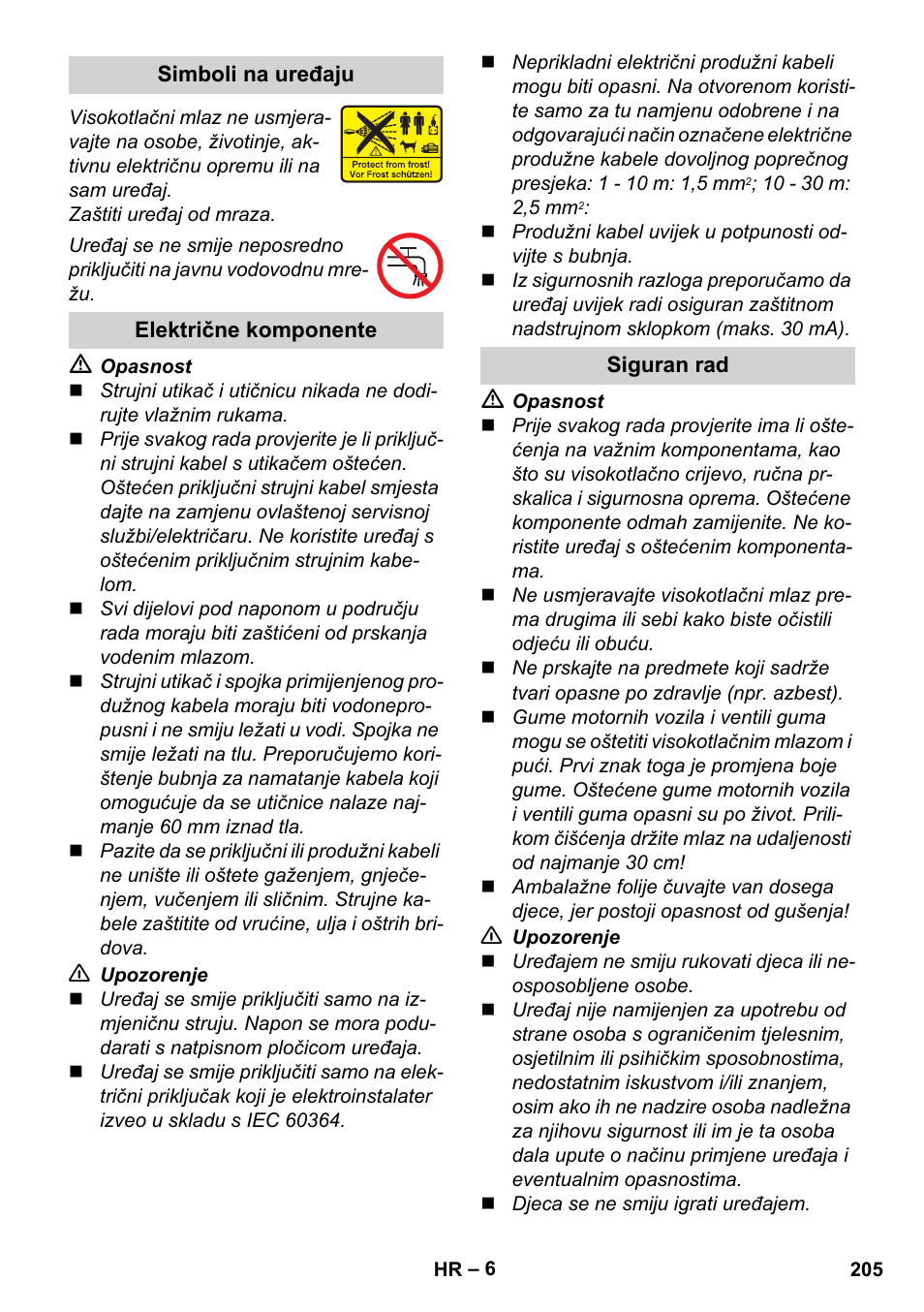 Simboli na uređaju, Električne komponente, Siguran rad | Karcher K 4 Classic User Manual | Page 205 / 286