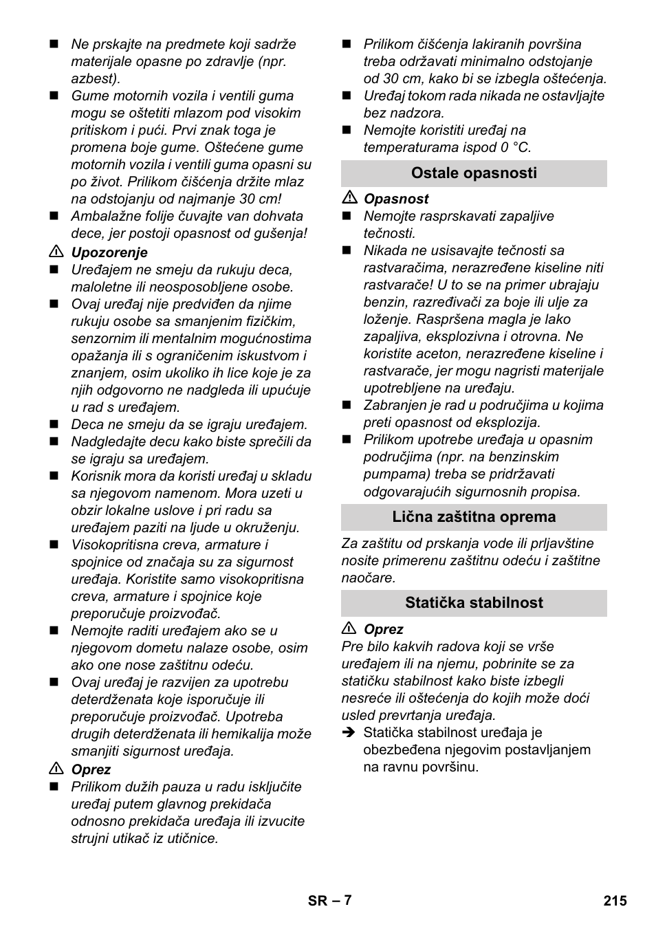 Ostale opasnosti, Lična zaštitna oprema, Statička stabilnost | Karcher K 4 Classic User Manual | Page 215 / 286