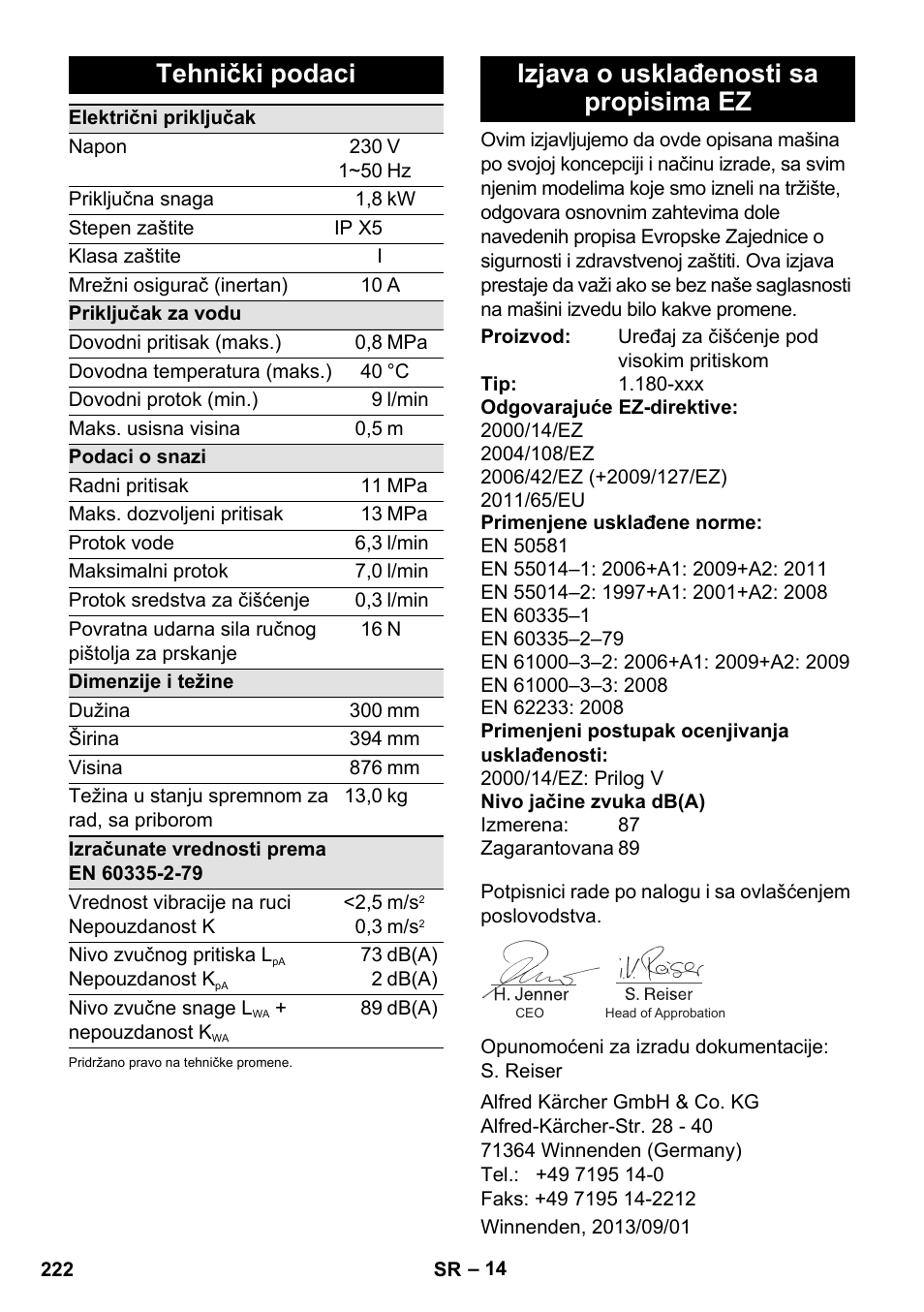 Tehnički podaci, Izjava o usklađenosti sa propisima ez | Karcher K 4 Classic User Manual | Page 222 / 286