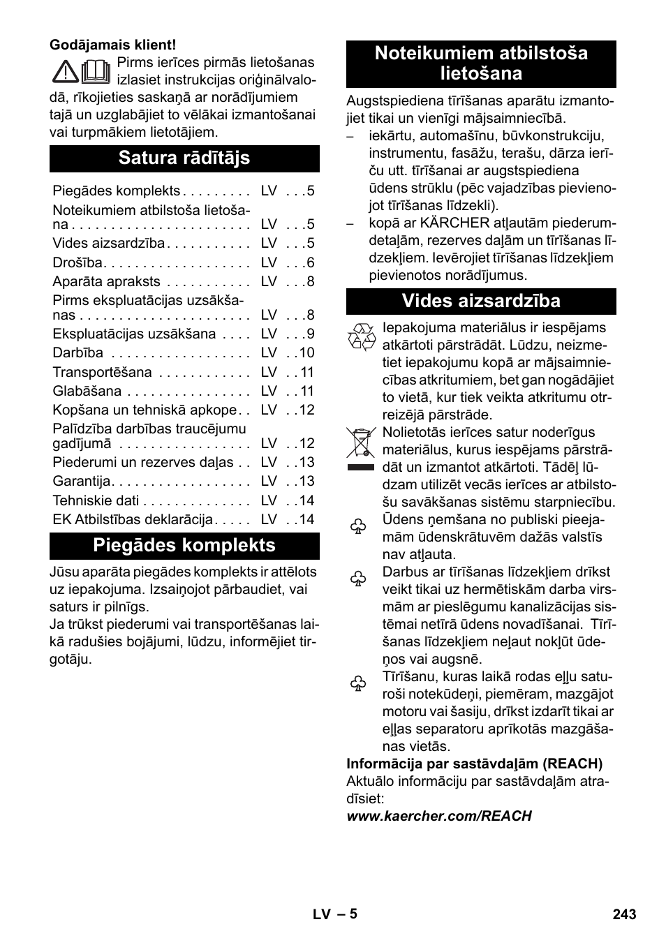 Latviešu, Satura rādītājs, Piegādes komplekts | Noteikumiem atbilstoša lietošana, Vides aizsardzība | Karcher K 4 Classic User Manual | Page 243 / 286