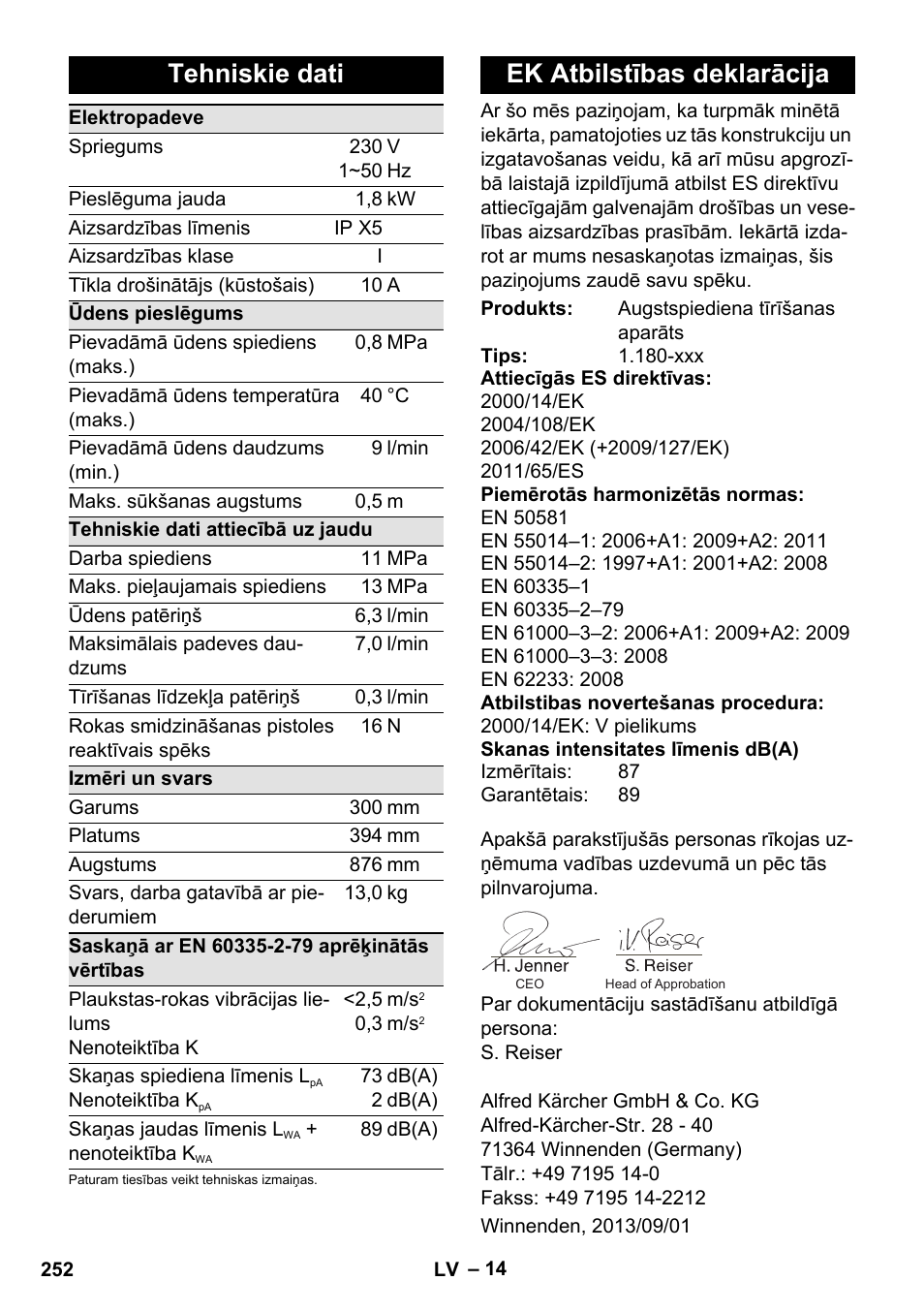 Tehniskie dati, Ek atbilstības deklarācija | Karcher K 4 Classic User Manual | Page 252 / 286