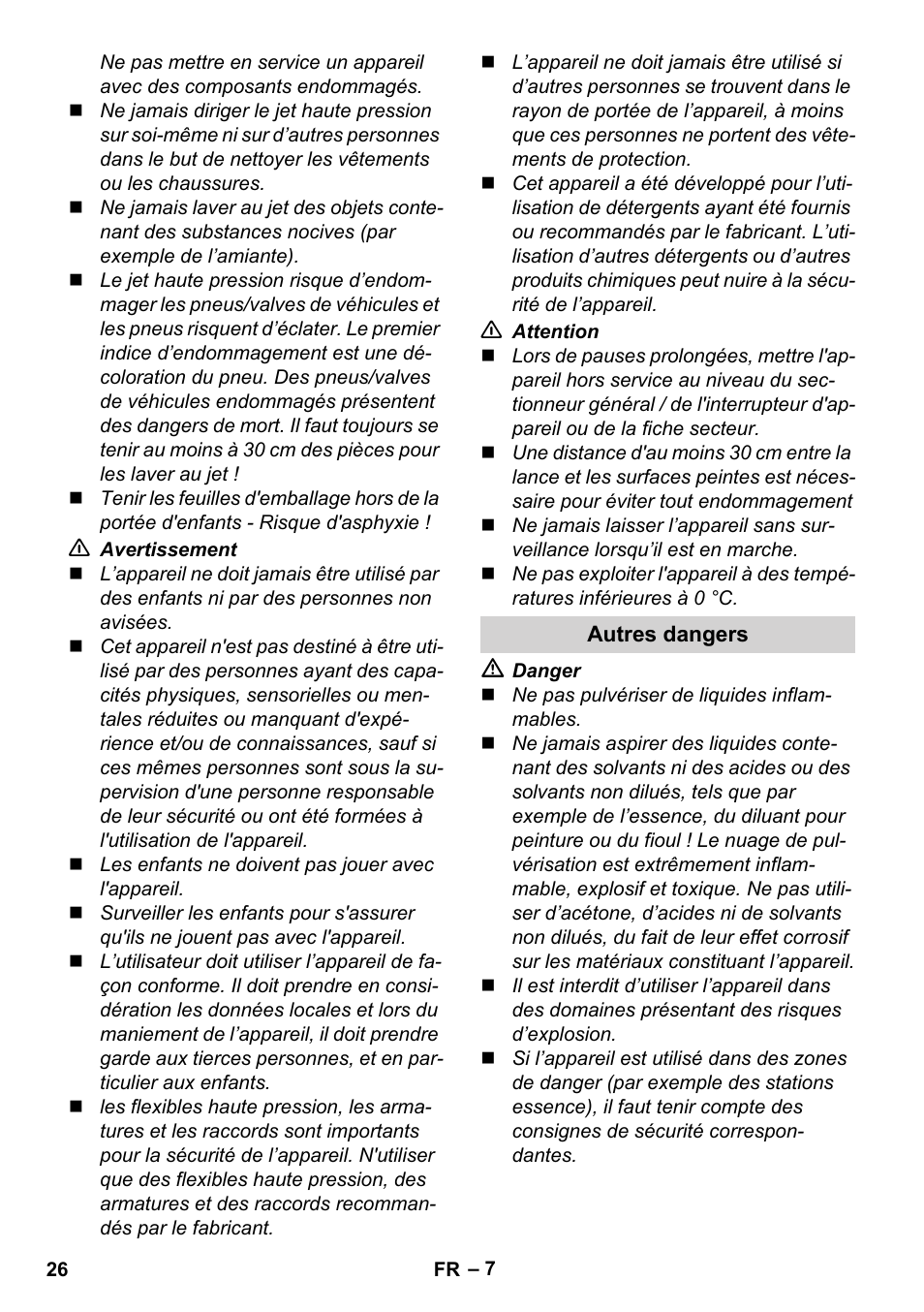 Autres dangers | Karcher K 4 Classic User Manual | Page 26 / 286