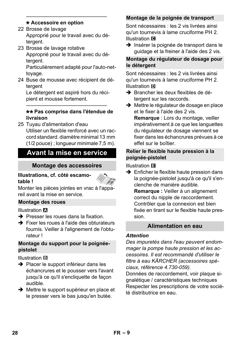 Avant la mise en service, Montage des accessoires, Montage des roues | Montage du support pour la poignée- pistolet, Montage de la poignée de transport, Montage du régulateur de dosage pour le détergent, Alimentation en eau | Karcher K 4 Classic User Manual | Page 28 / 286