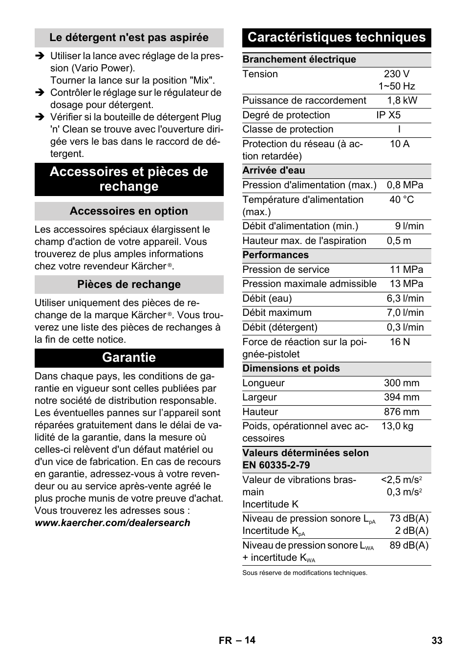 Le détergent n'est pas aspirée, Accessoires et pièces de rechange, Accessoires en option | Pièces de rechange, Garantie, Caractéristiques techniques, Garantie caractéristiques techniques | Karcher K 4 Classic User Manual | Page 33 / 286