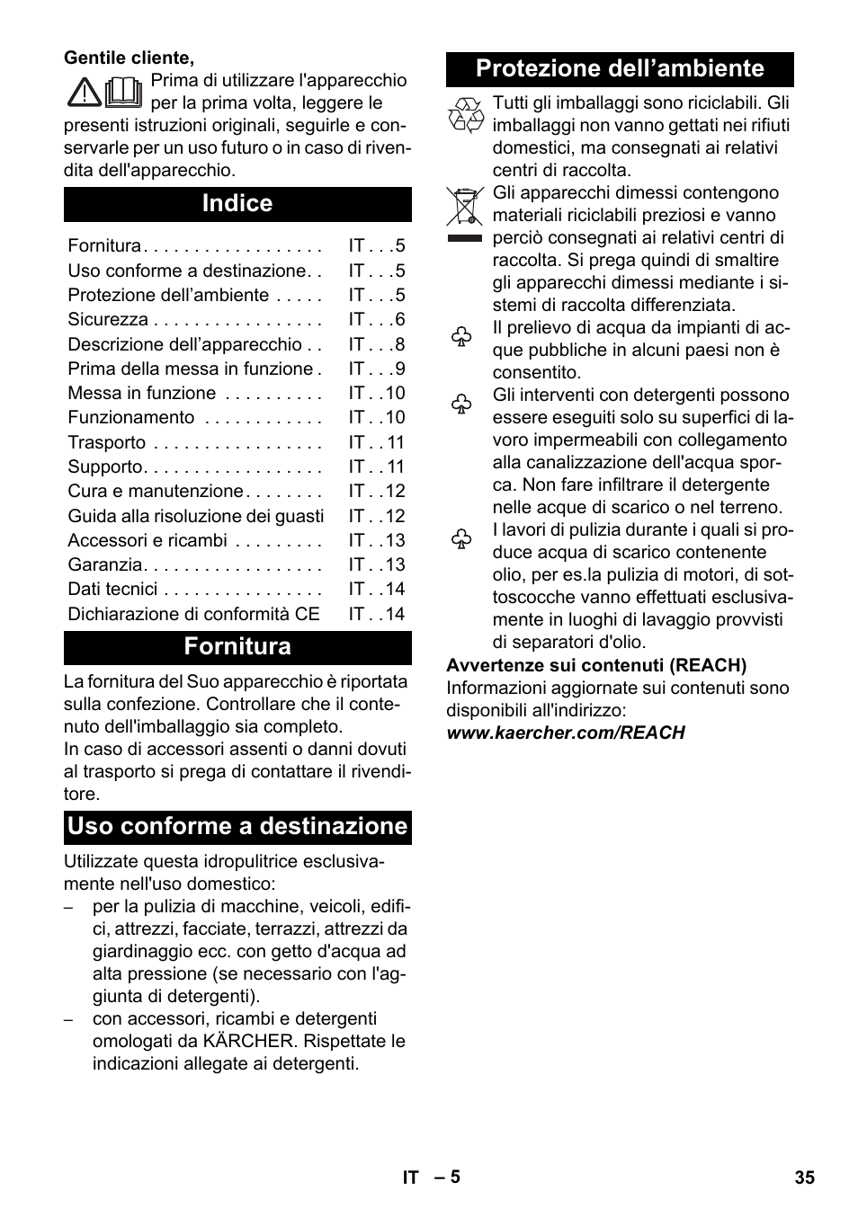 Italiano, Indice, Fornitura | Uso conforme a destinazione, Protezione dell’ambiente | Karcher K 4 Classic User Manual | Page 35 / 286