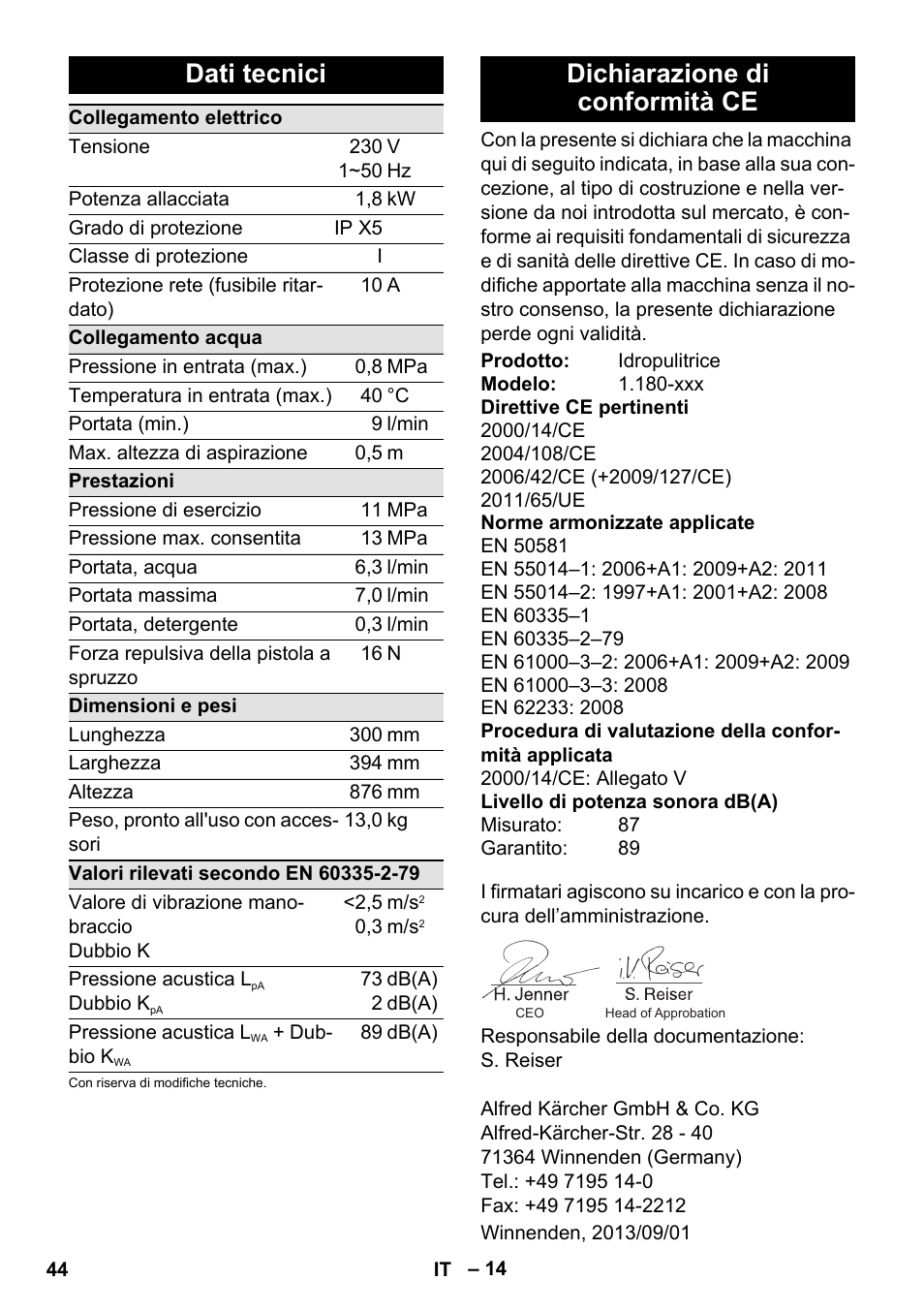 Dati tecnici, Dichiarazione di conformità ce | Karcher K 4 Classic User Manual | Page 44 / 286