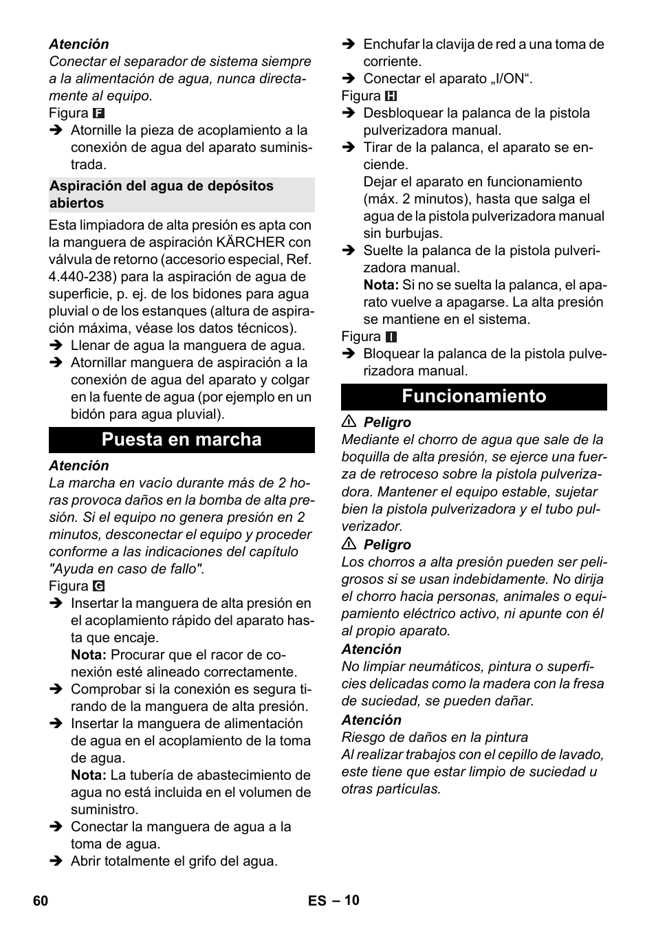 Aspiración del agua de depósitos abiertos, Puesta en marcha, Funcionamiento | Puesta en marcha funcionamiento | Karcher K 4 Classic User Manual | Page 60 / 286
