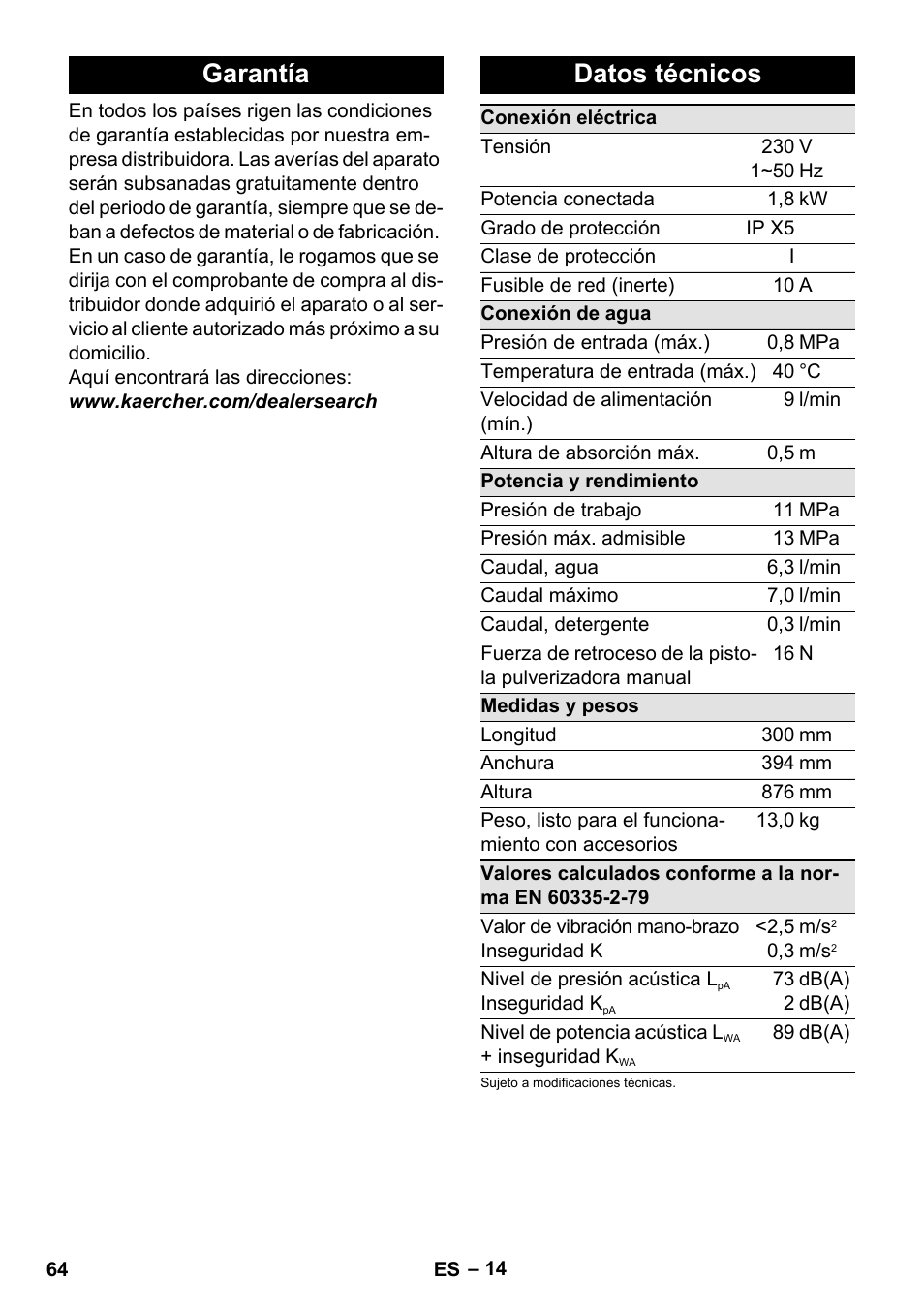 Garantía, Datos técnicos, Garantía datos técnicos | Karcher K 4 Classic User Manual | Page 64 / 286