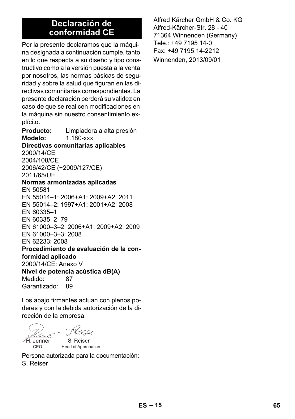 Declaración de conformidad ce | Karcher K 4 Classic User Manual | Page 65 / 286