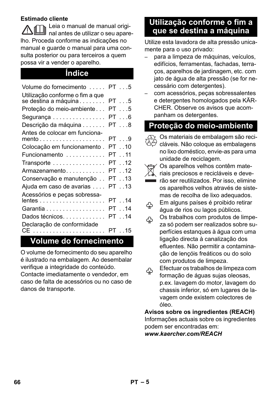 Português, Índice, Volume do fornecimento | Proteção do meio-ambiente | Karcher K 4 Classic User Manual | Page 66 / 286