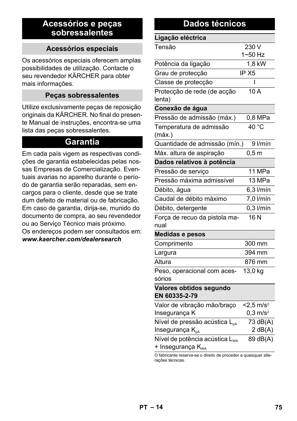 Acessórios e peças sobressalentes, Acessórios especiais, Peças sobressalentes | Garantia, Dados técnicos, Garantia dados técnicos | Karcher K 4 Classic User Manual | Page 75 / 286