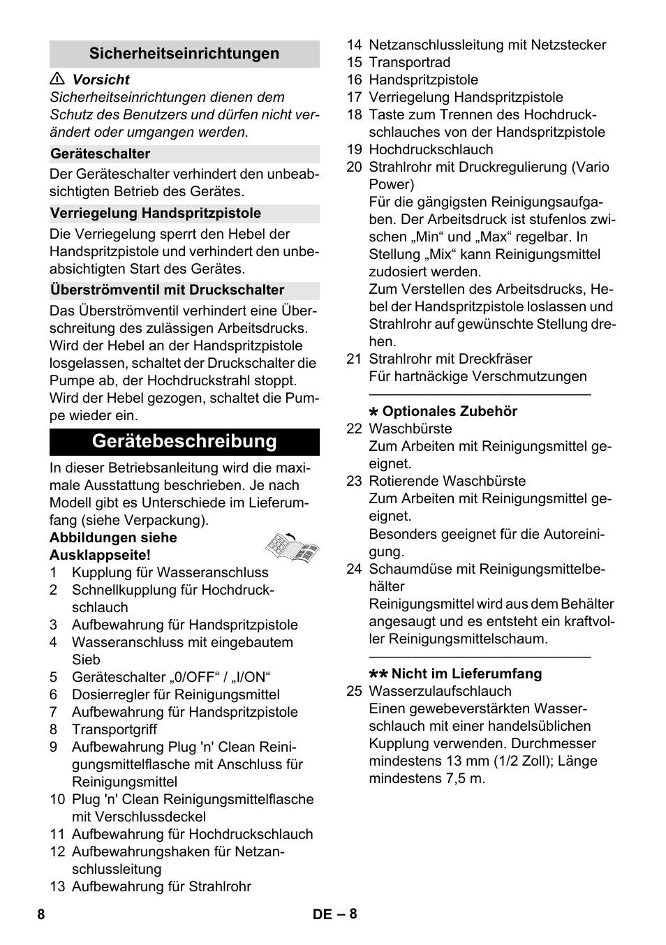 Sicherheitseinrichtungen, Geräteschalter, Verriegelung handspritzpistole | Überströmventil mit druckschalter, Gerätebeschreibung | Karcher K 4 Classic User Manual | Page 8 / 286