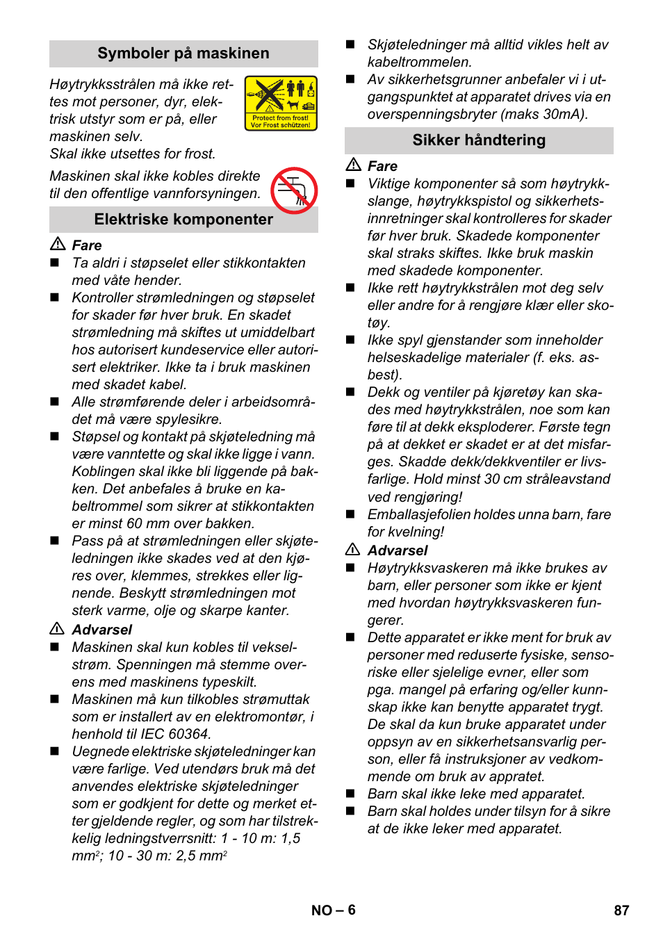 Symboler på maskinen, Elektriske komponenter, Sikker håndtering | Karcher K 4 Classic User Manual | Page 87 / 286