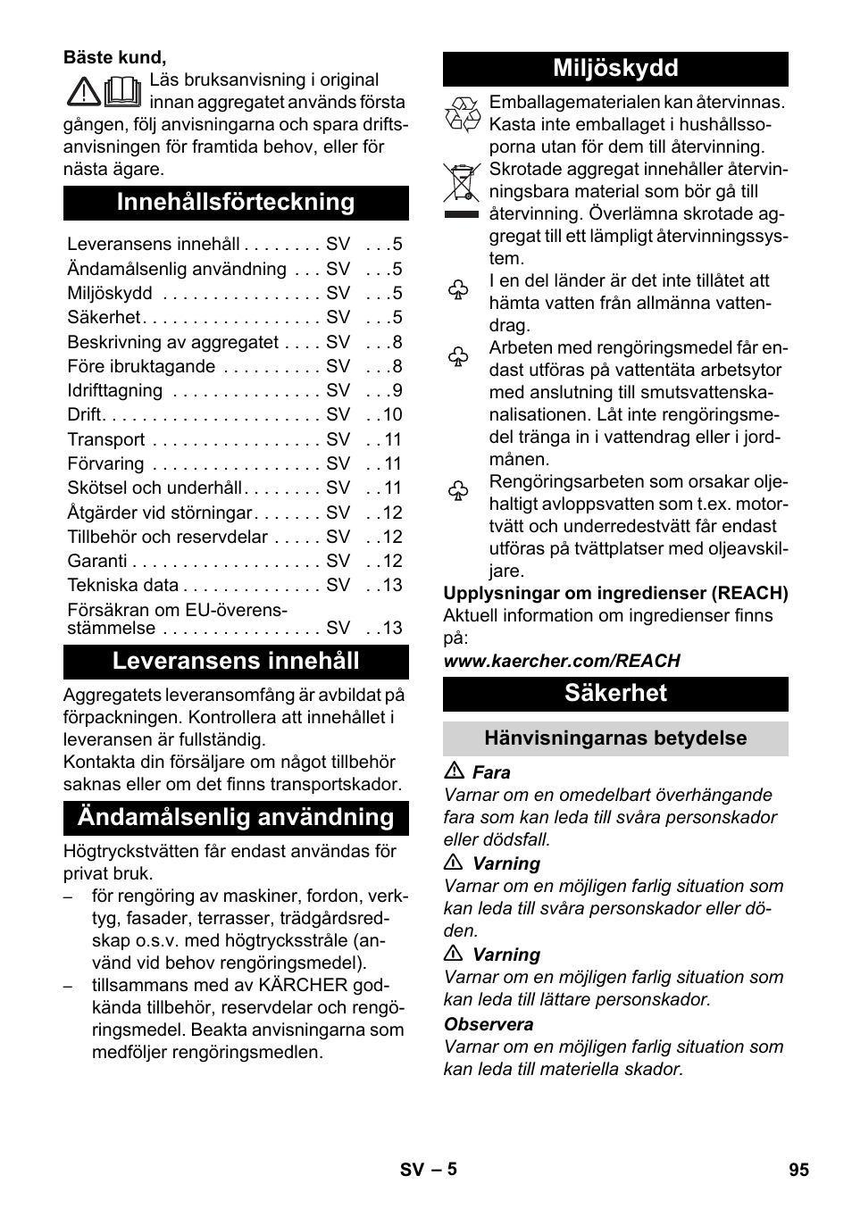 Svenska, Innehållsförteckning, Leveransens innehåll | Ändamålsenlig användning, Miljöskydd, Säkerhet, Hänvisningarnas betydelse | Karcher K 4 Classic User Manual | Page 95 / 286