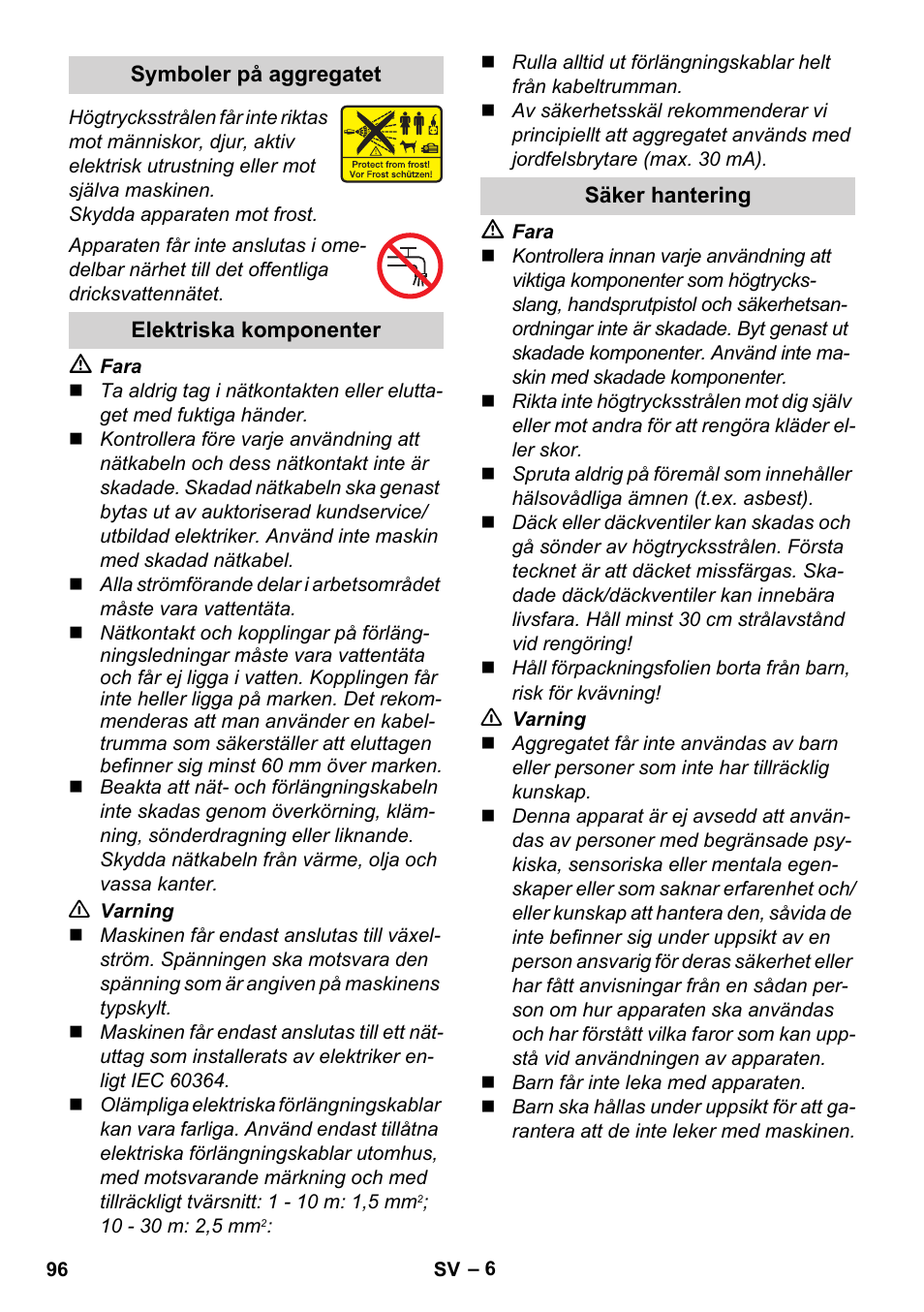 Symboler på aggregatet, Elektriska komponenter, Säker hantering | Karcher K 4 Classic User Manual | Page 96 / 286