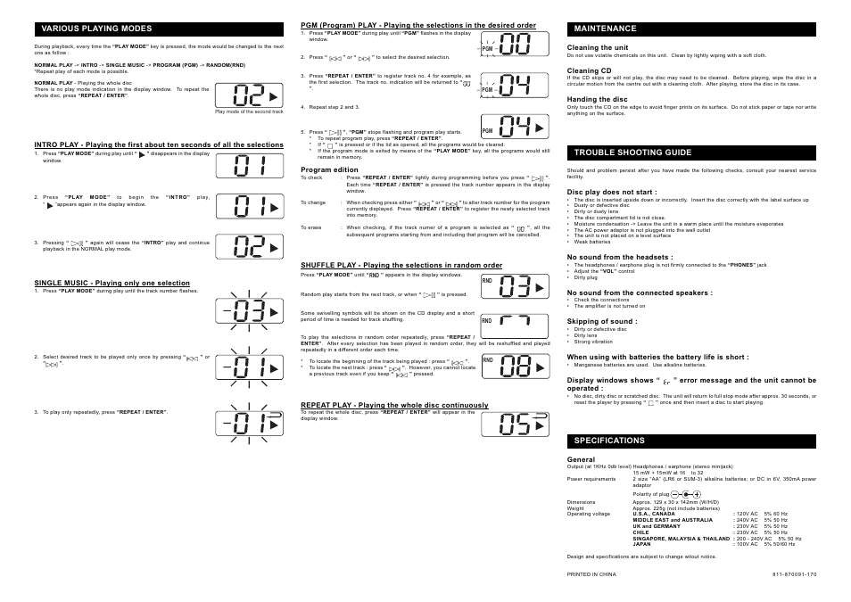 Various playing modes, Pgm.-u i, Maintenance | Trouble shooting guide, Specifications, N i и i, I / / i | Audiovox 811-870091-170 User Manual | Page 2 / 2