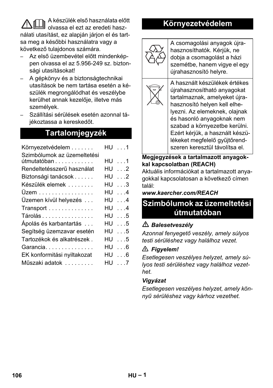 Magyar, Tartalomjegyzék, Környezetvédelem | Szimbólumok az üzemeltetési útmutatóban | Karcher IVL 120-30 User Manual | Page 106 / 208