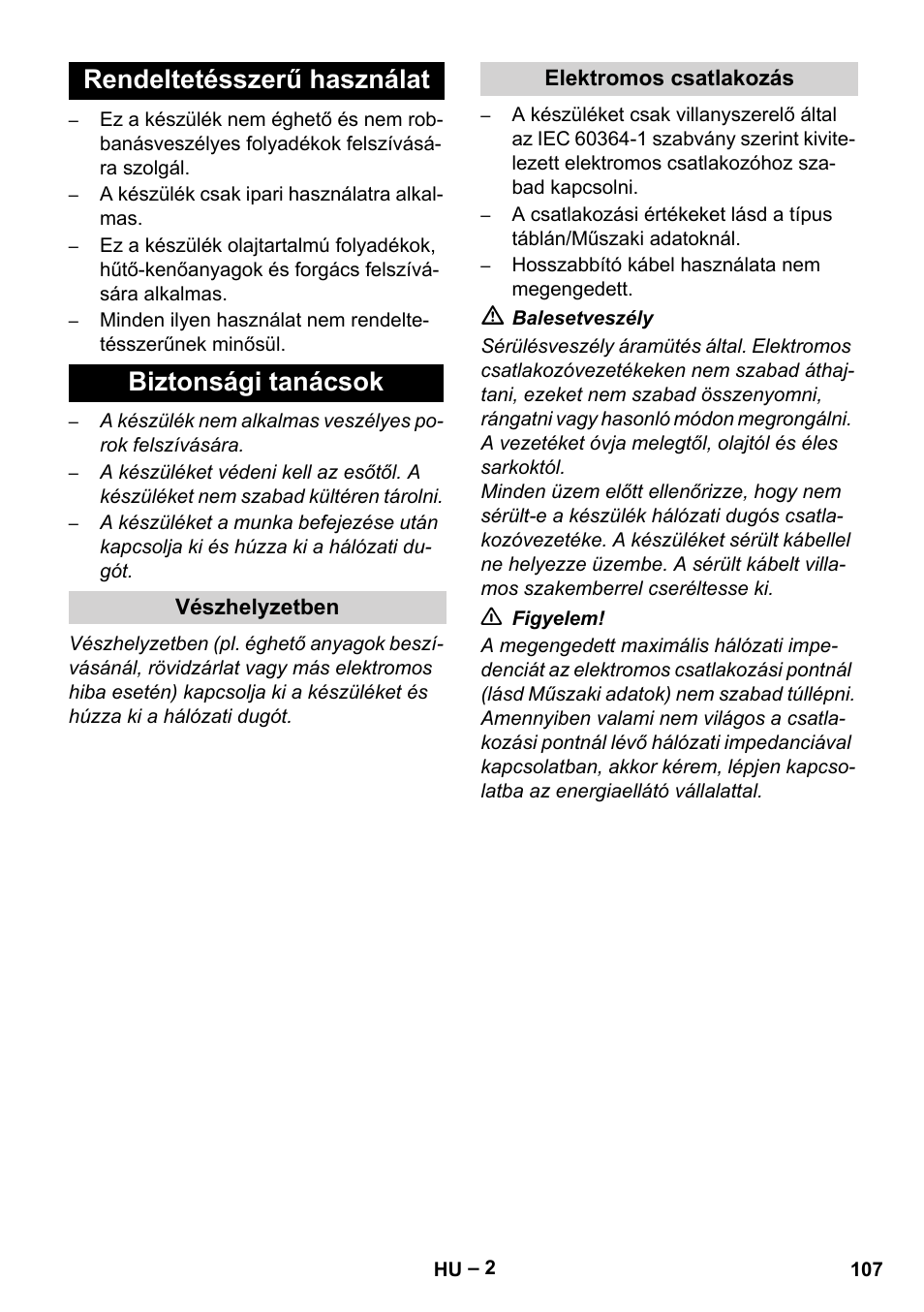 Rendeltetésszerű használat biztonsági tanácsok | Karcher IVL 120-30 User Manual | Page 107 / 208