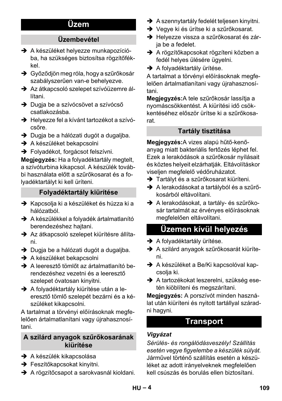 Üzem, Üzemen kívül helyezés transport | Karcher IVL 120-30 User Manual | Page 109 / 208