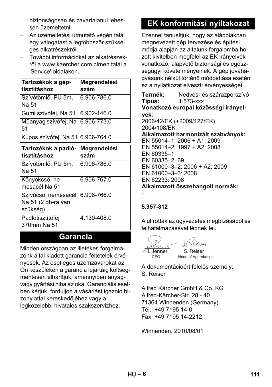 Garancia ek konformitási nyiltakozat | Karcher IVL 120-30 User Manual | Page 111 / 208