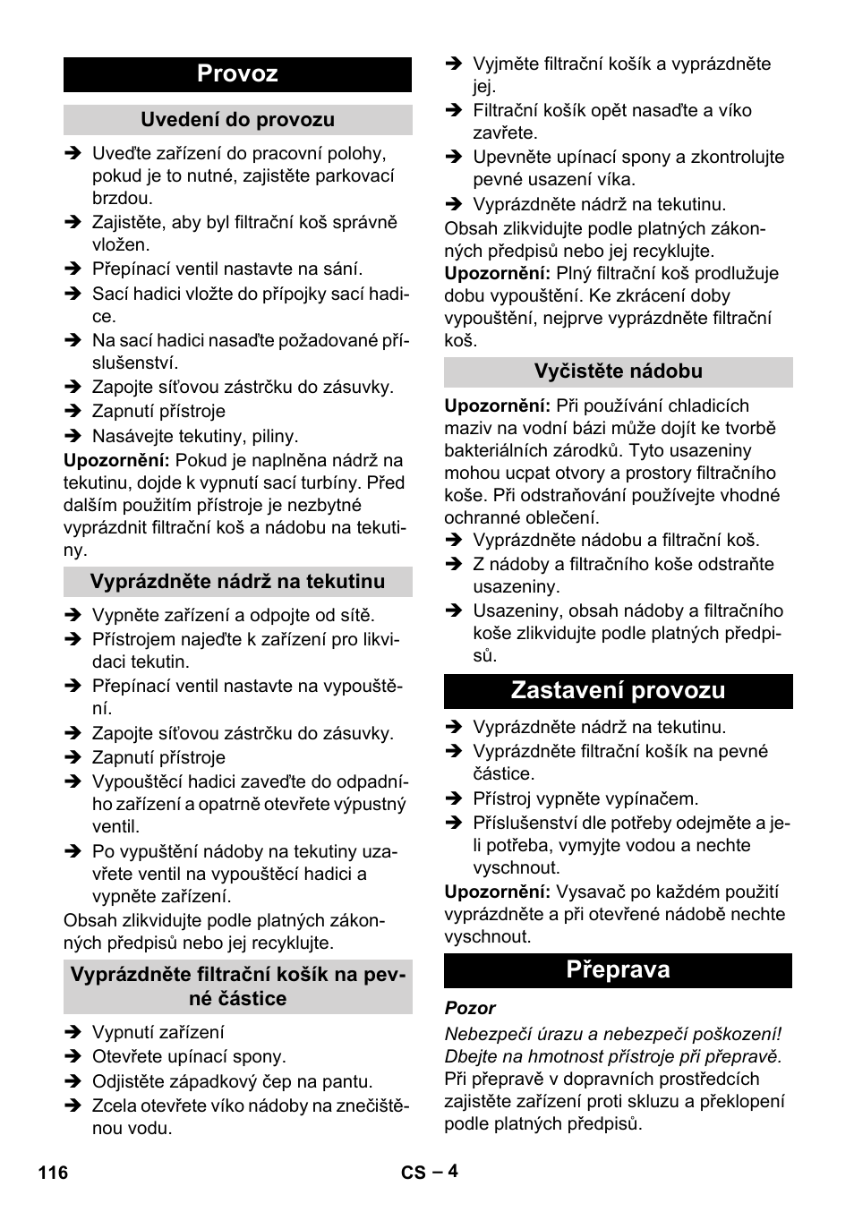 Provoz, Zastavení provozu přeprava | Karcher IVL 120-30 User Manual | Page 116 / 208