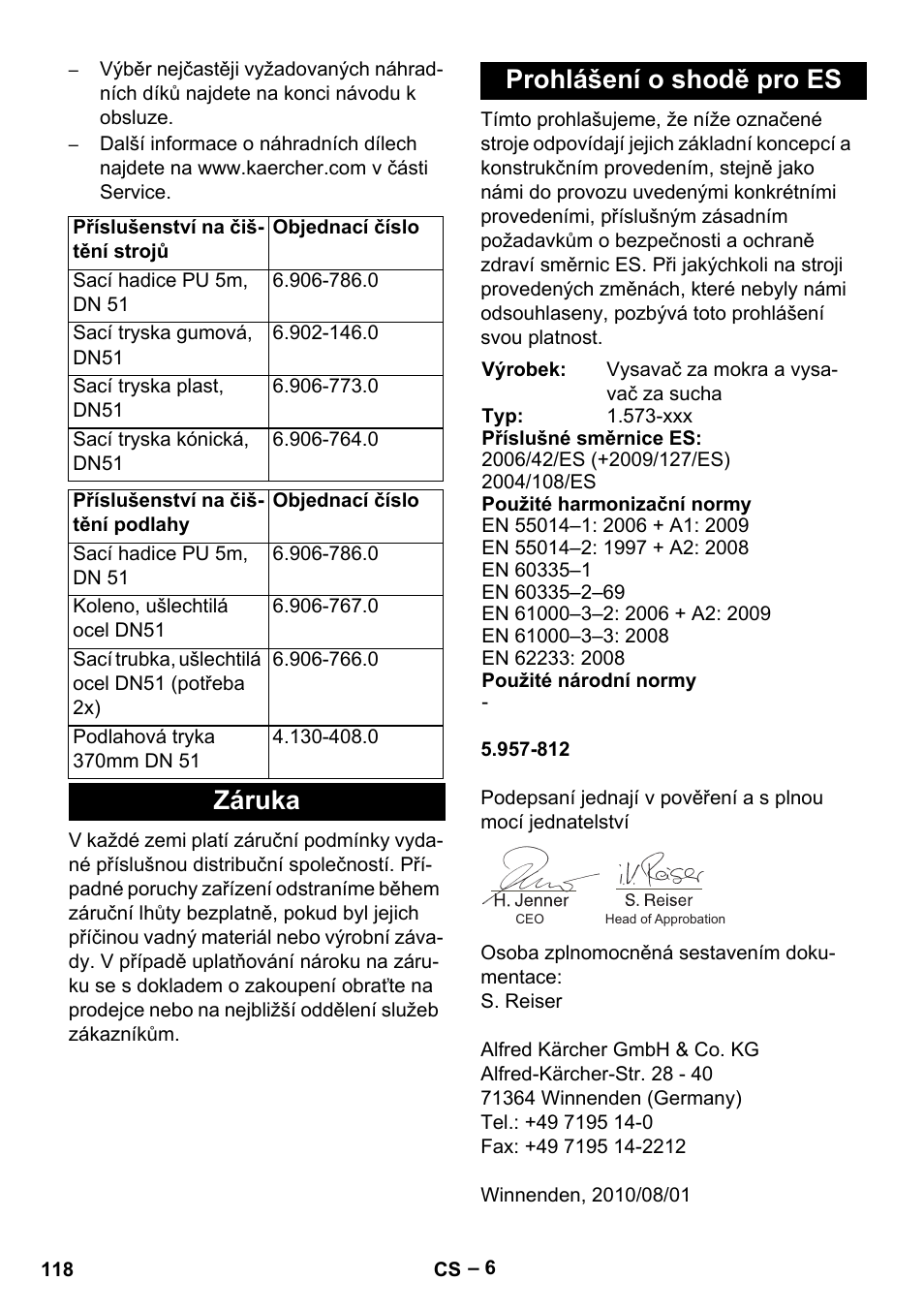 Záruka prohlášení o shodě pro es | Karcher IVL 120-30 User Manual | Page 118 / 208